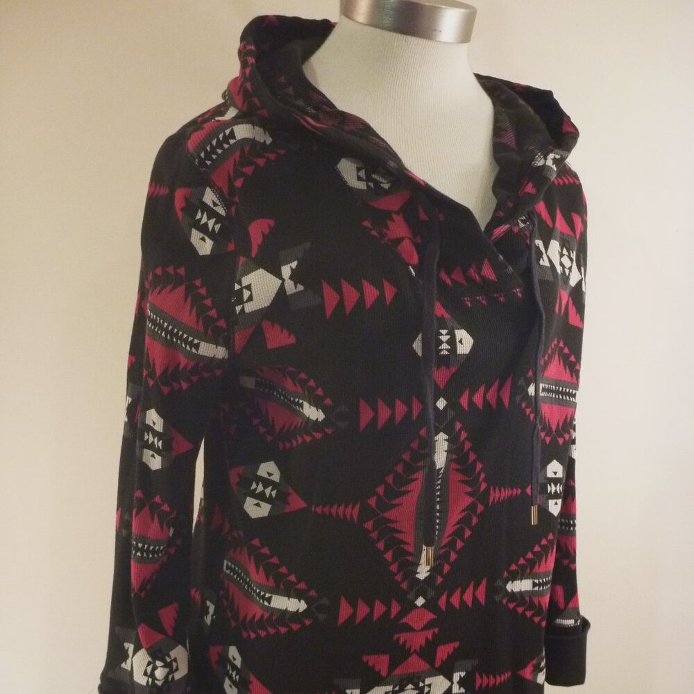 L-RL Pullover Ribbed Light L Sweater Women Aztec Navajo Tribal Hood Black Red